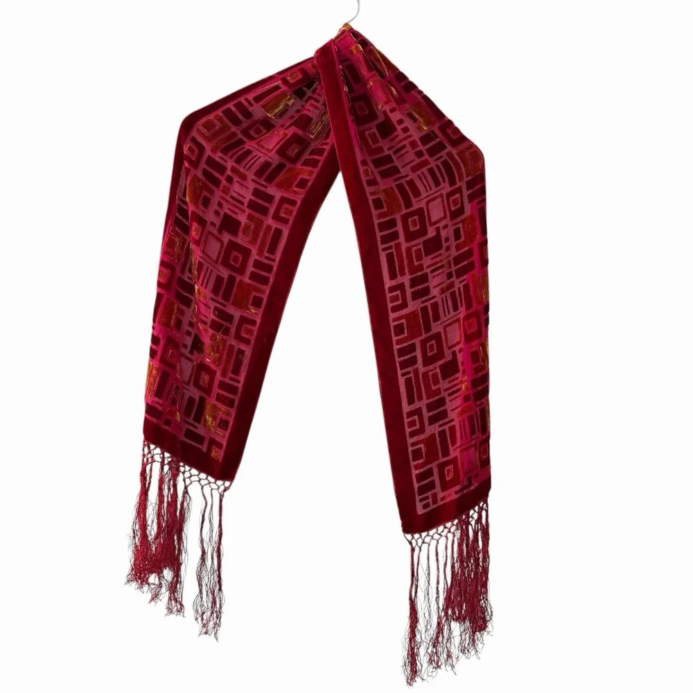 Whimsigoth Red Velvet‎ Burnout Scarf Fringe Gothic Art Deco Long Wrap 9.5Wx76H